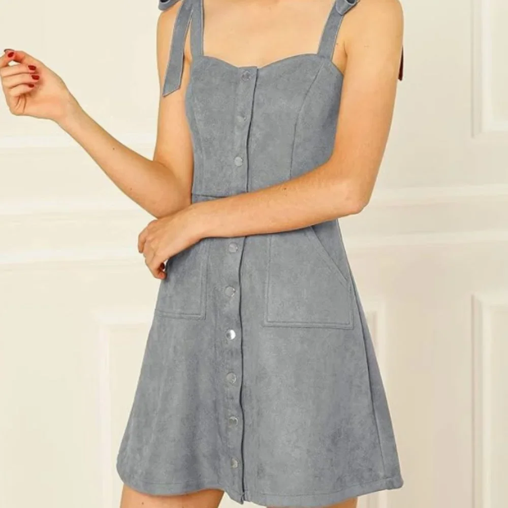 πHPπ Allegra K Women's Casual Overall Dress Button Down Faux Suede - Picture 2 of 10